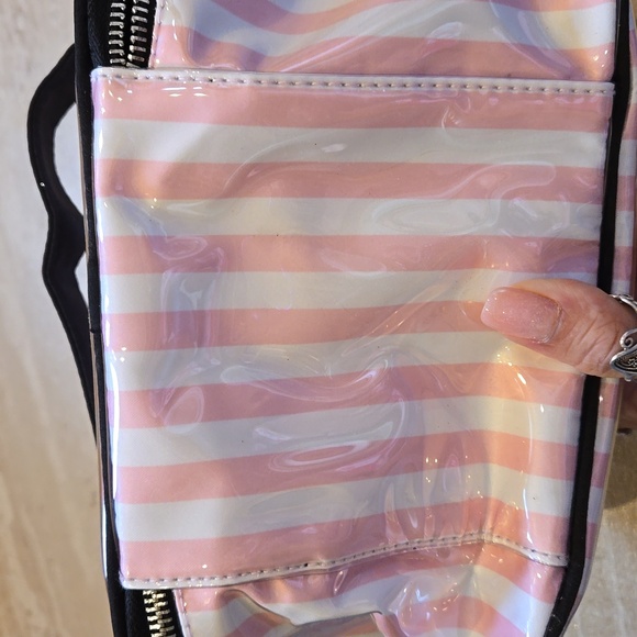NWT Victoria's Secret Pink/White Striped Vinyl Zipper Travel Case - Picture 6 of 10